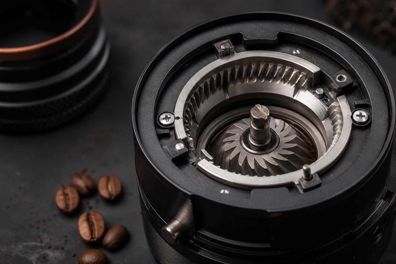 Close view inside a coffee grinder showing the metal conical burr mechanism