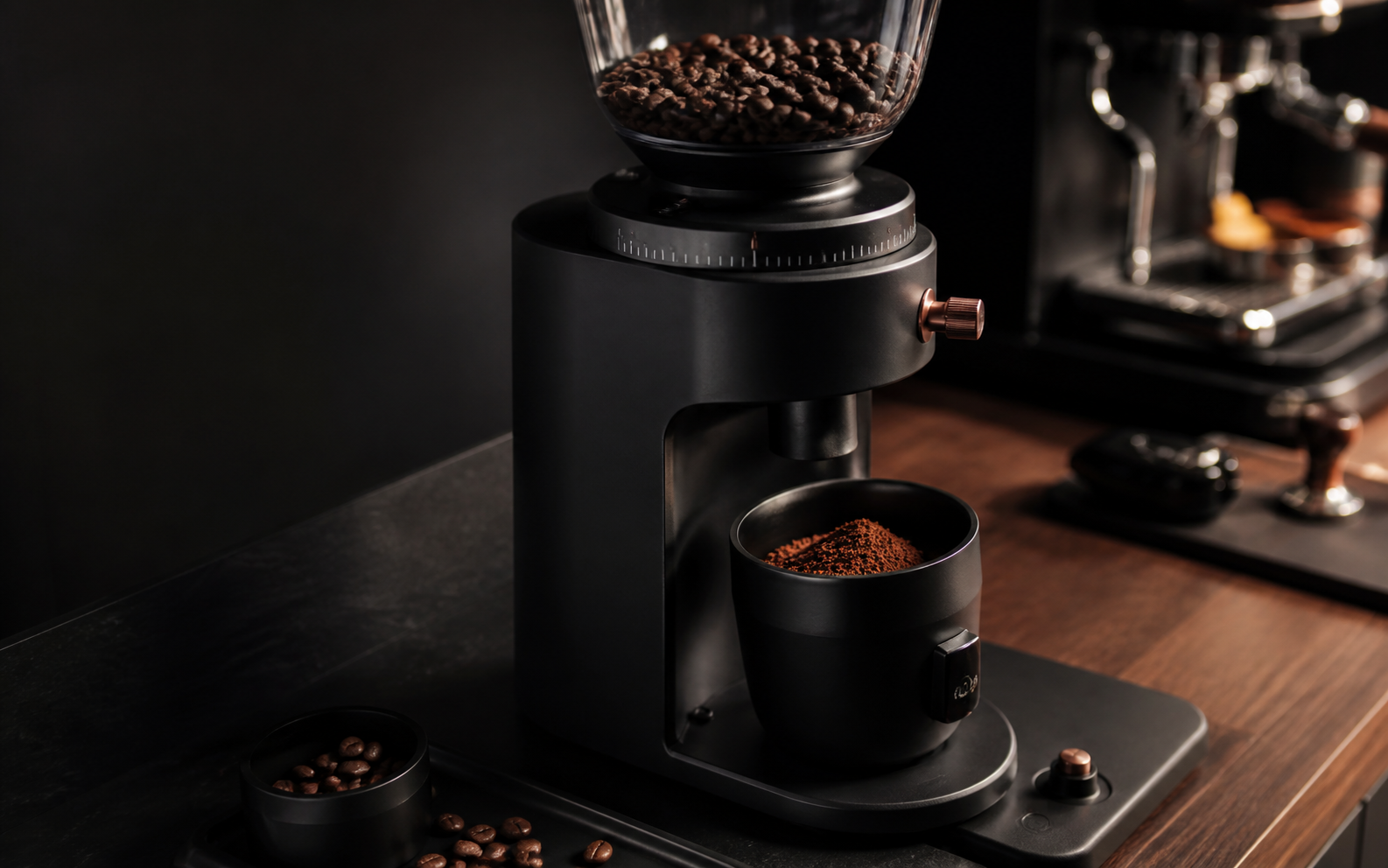 Coffee beans inside a grinder, photographed in close detail