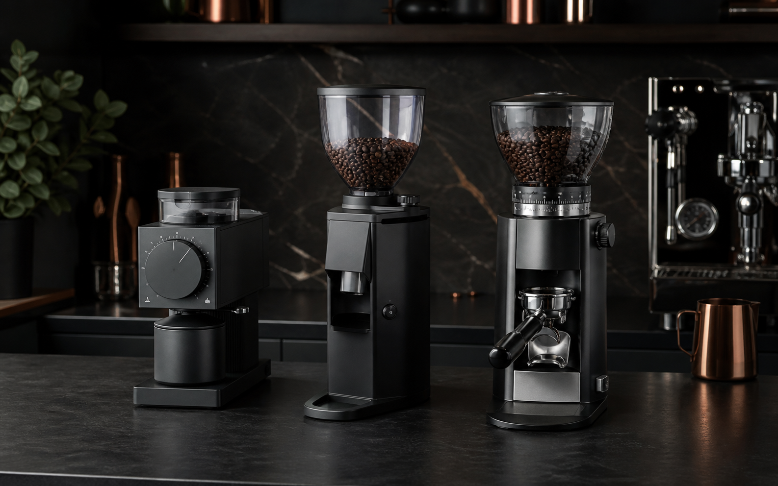 Three distinct home espresso burr grinders arranged for comparison