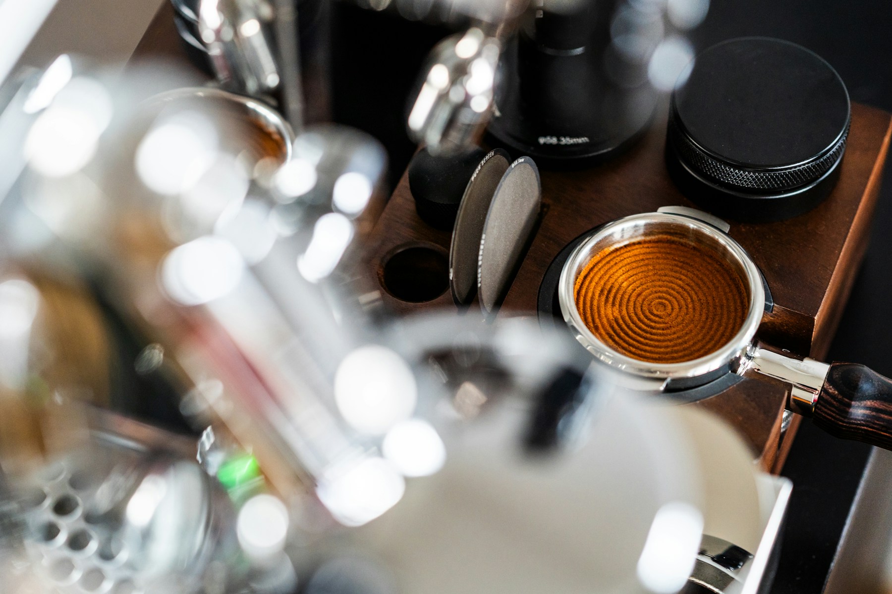 Prepared espresso puck and precision coffee tools