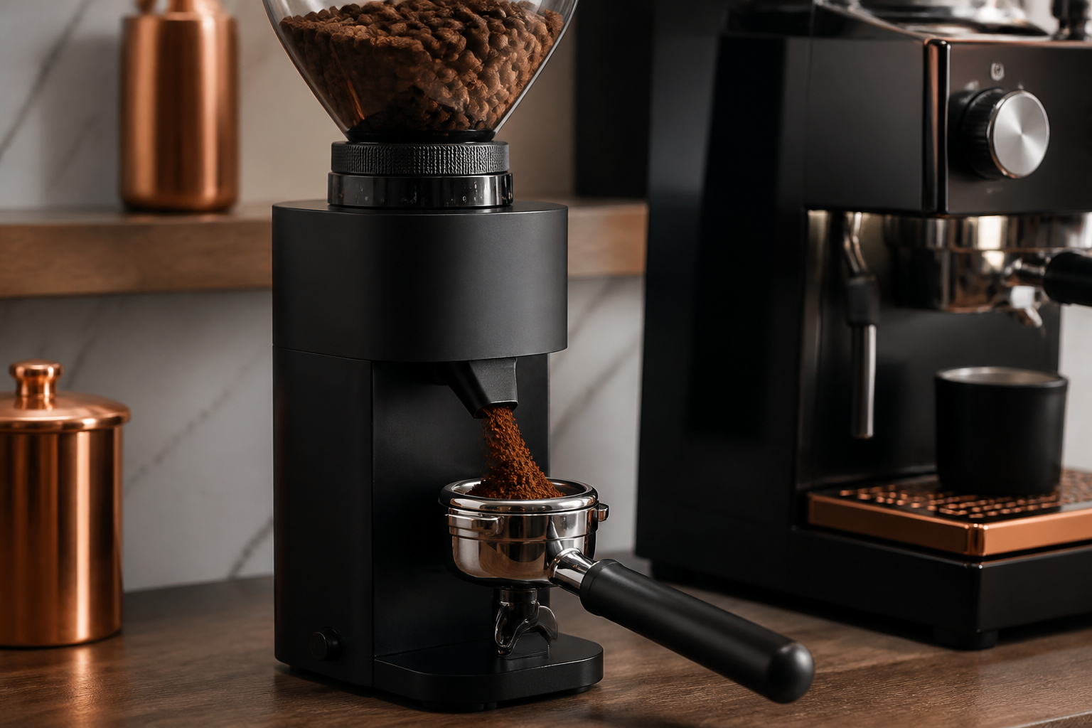 Burr grinder dispensing freshly ground coffee into an espresso portafilter