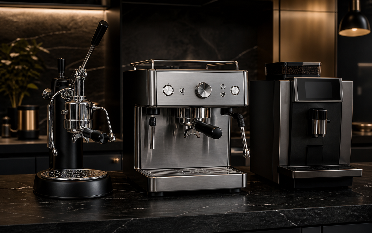 Manual lever, semi-automatic and super-automatic espresso machines arranged together