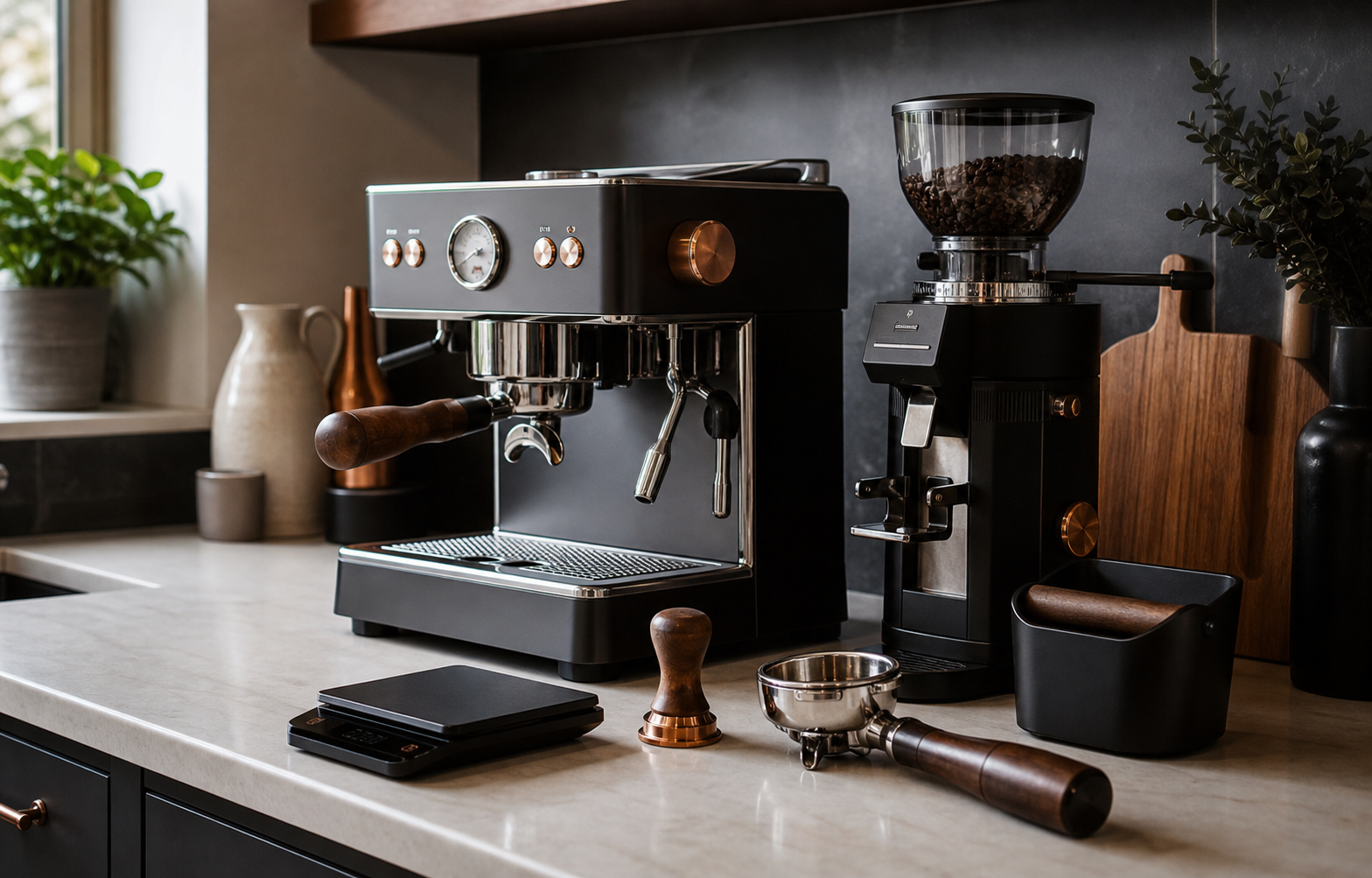 Complete home espresso setup with machine, grinder, scale, tamper and portafilter