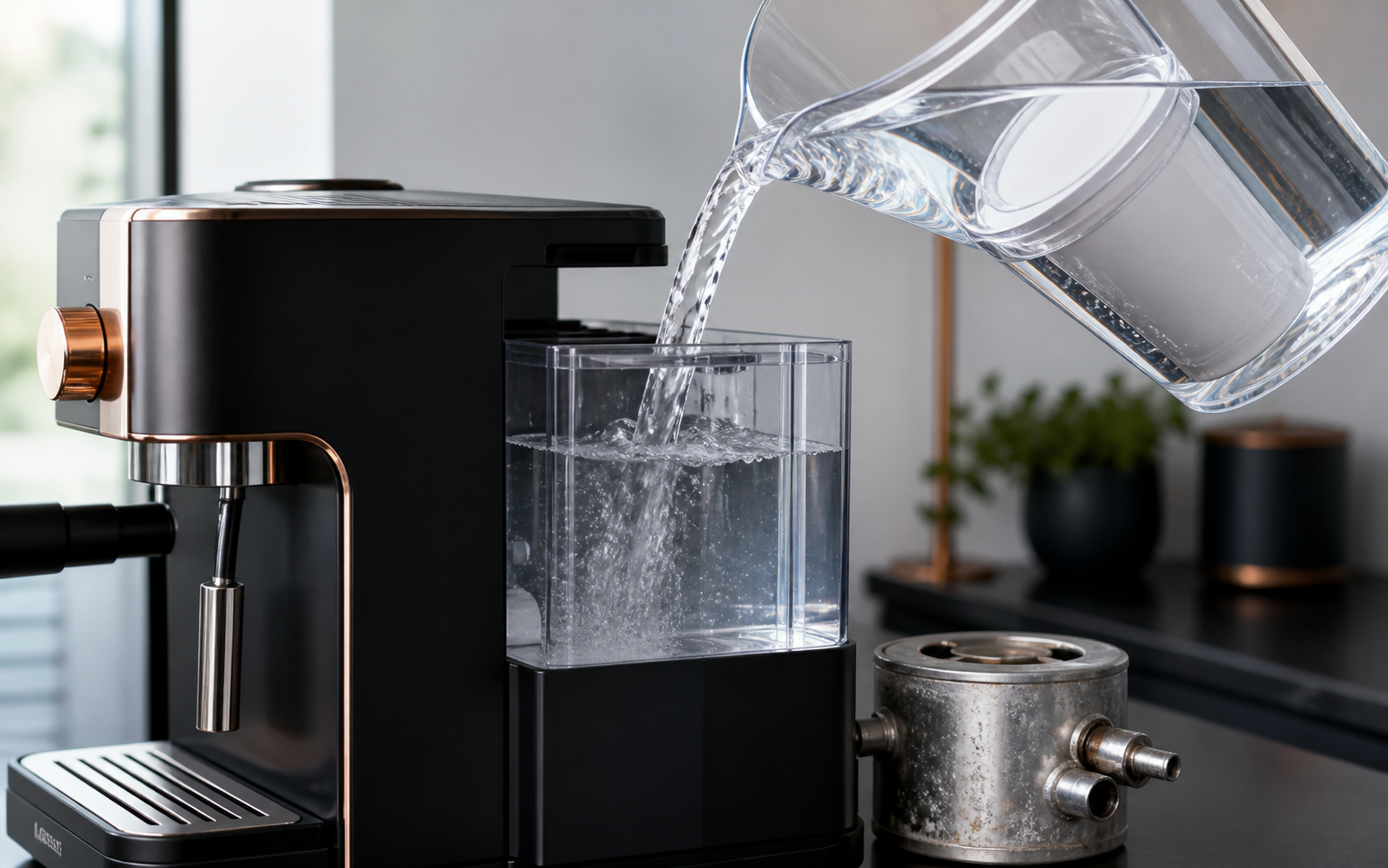 Filtered water being poured into a home espresso machine reservoir